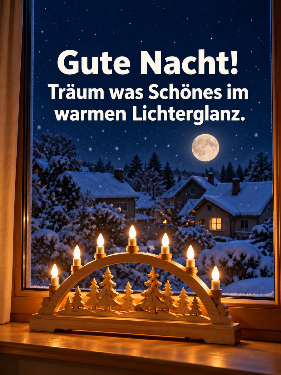 Gute Nacht weihnachtlich: leuchtender Schwibbogen am Fenster, draußen fallen Schneeflocken unter dem Vollmond