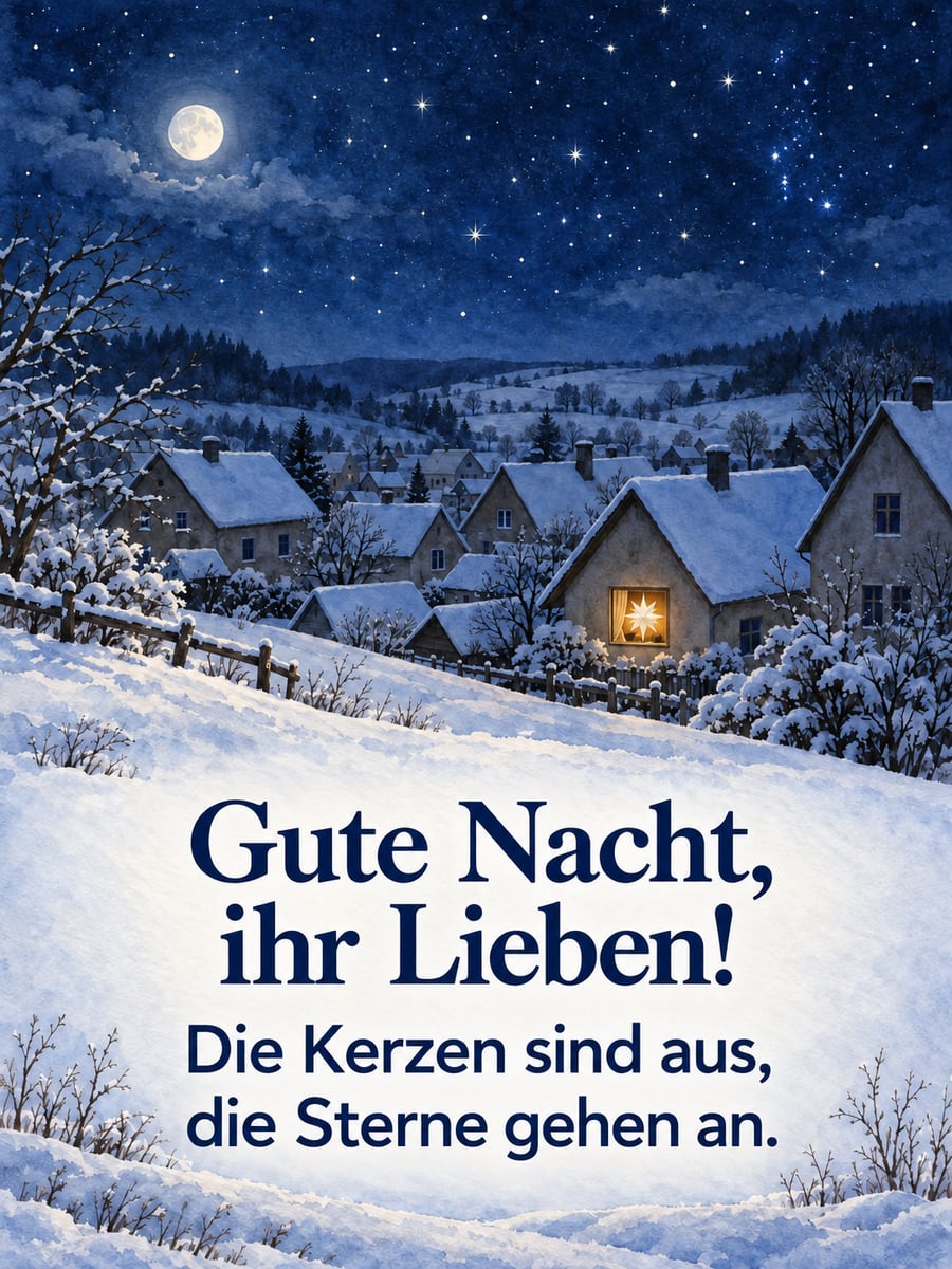 Gute Nacht weihnachtlich: verschneites Dorf unter Sternen, in einem Fenster leuchtet ein Herrnhuter Stern