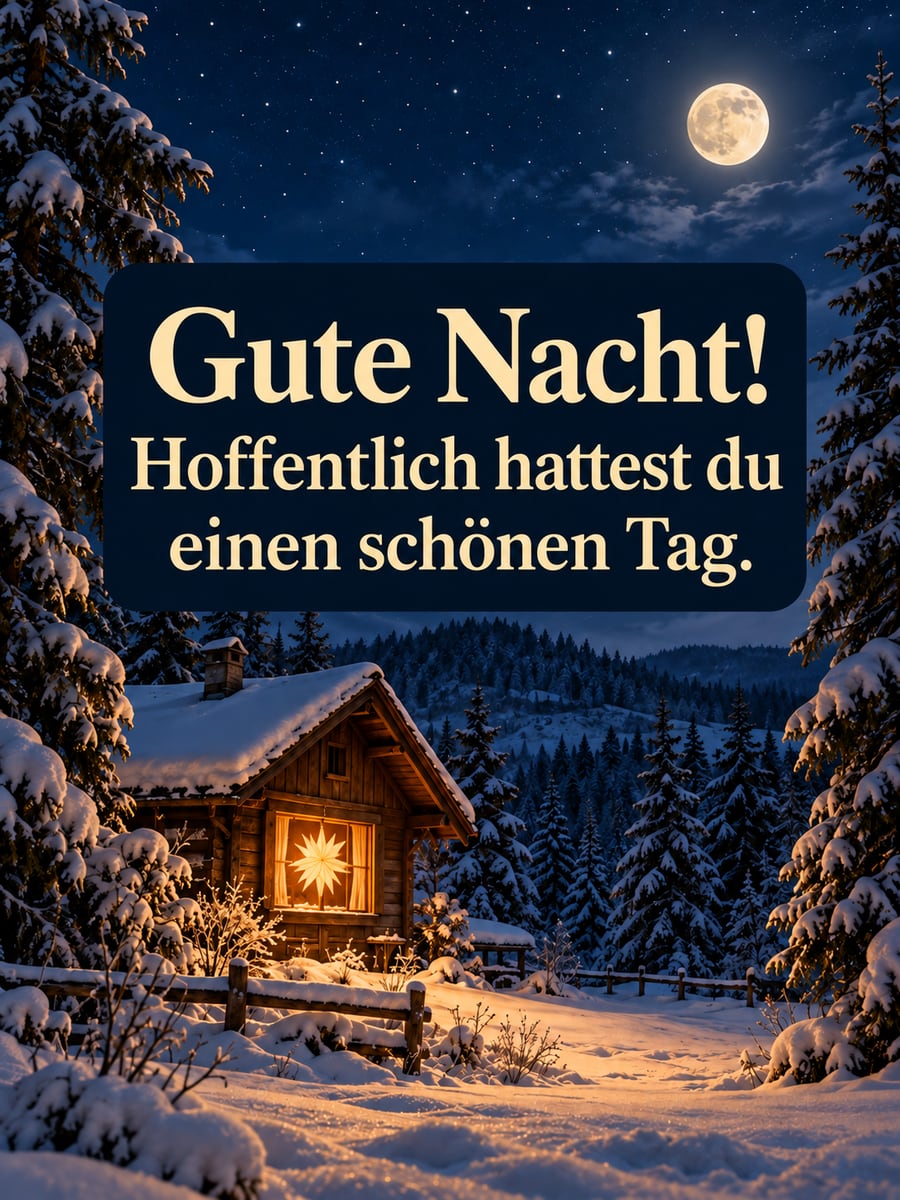 Gute Nacht weihnachtlich: Herrnhuter Stern im Fenster eines kleinen Hauses am verschneiten Waldrand unter Sternen