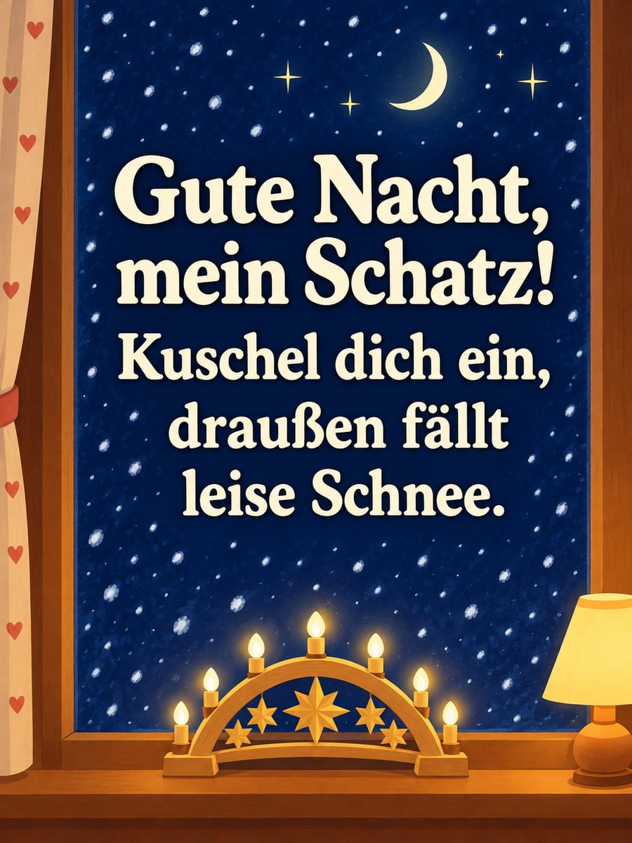 Gute Nacht weihnachtlich: Schwibbogen auf dem Fensterbrett, draußen fällt Schnee unter einer Mondsichel