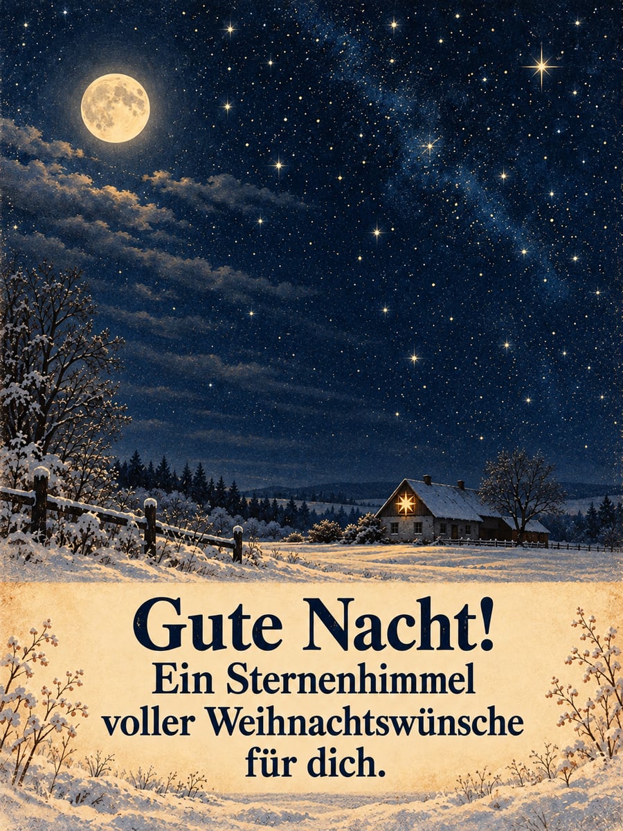 Gute Nacht weihnachtlich: Sternenhimmel über einem verschneiten Feld, im Giebelfenster eines Bauernhauses leuchtet ein Herrnhuter Stern