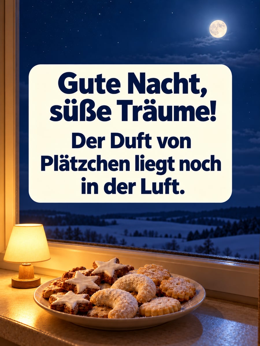 Gute Nacht weihnachtlich: Teller mit Plätzchen auf dem Küchenfensterbrett neben einer kleinen Lampe, draußen der Mond