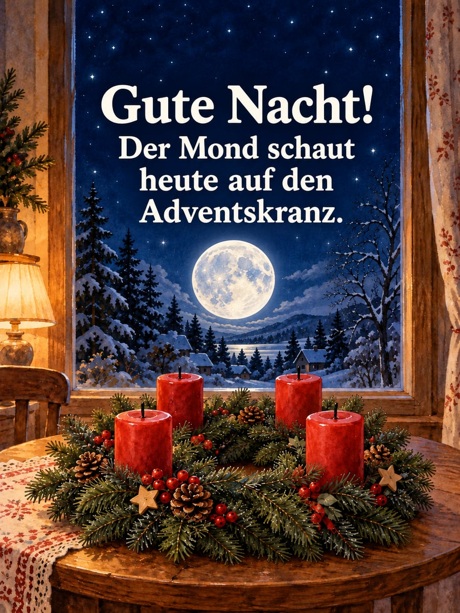 Gute Nacht weihnachtlich: Adventskranz mit gelöschten Kerzen auf dem Tisch, im Fenster der Vollmond