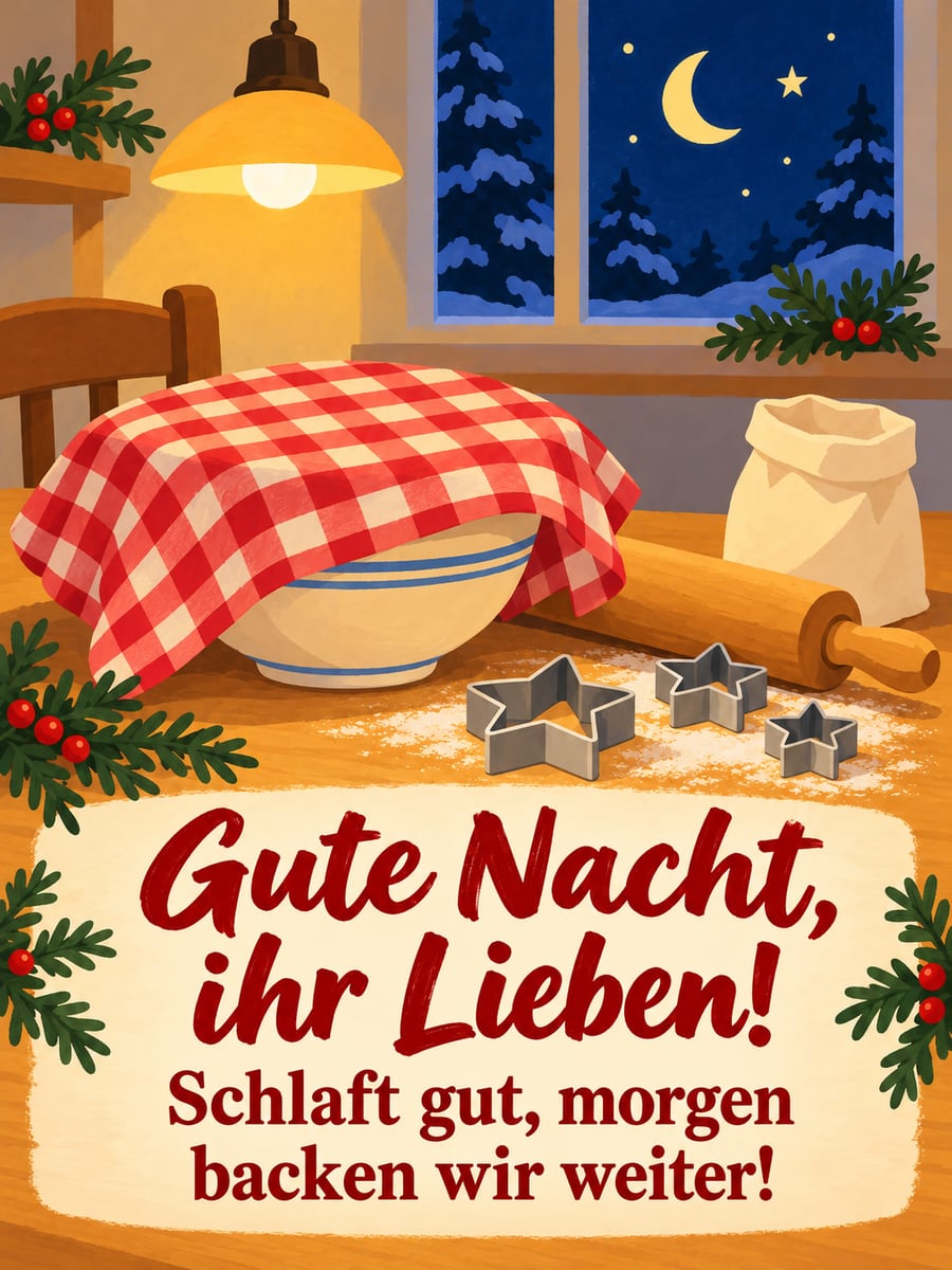 Gute Nacht weihnachtlich: zugedeckter Plätzchenteig mit Sternausstechern auf dem Küchentisch, draußen Mond und Sterne