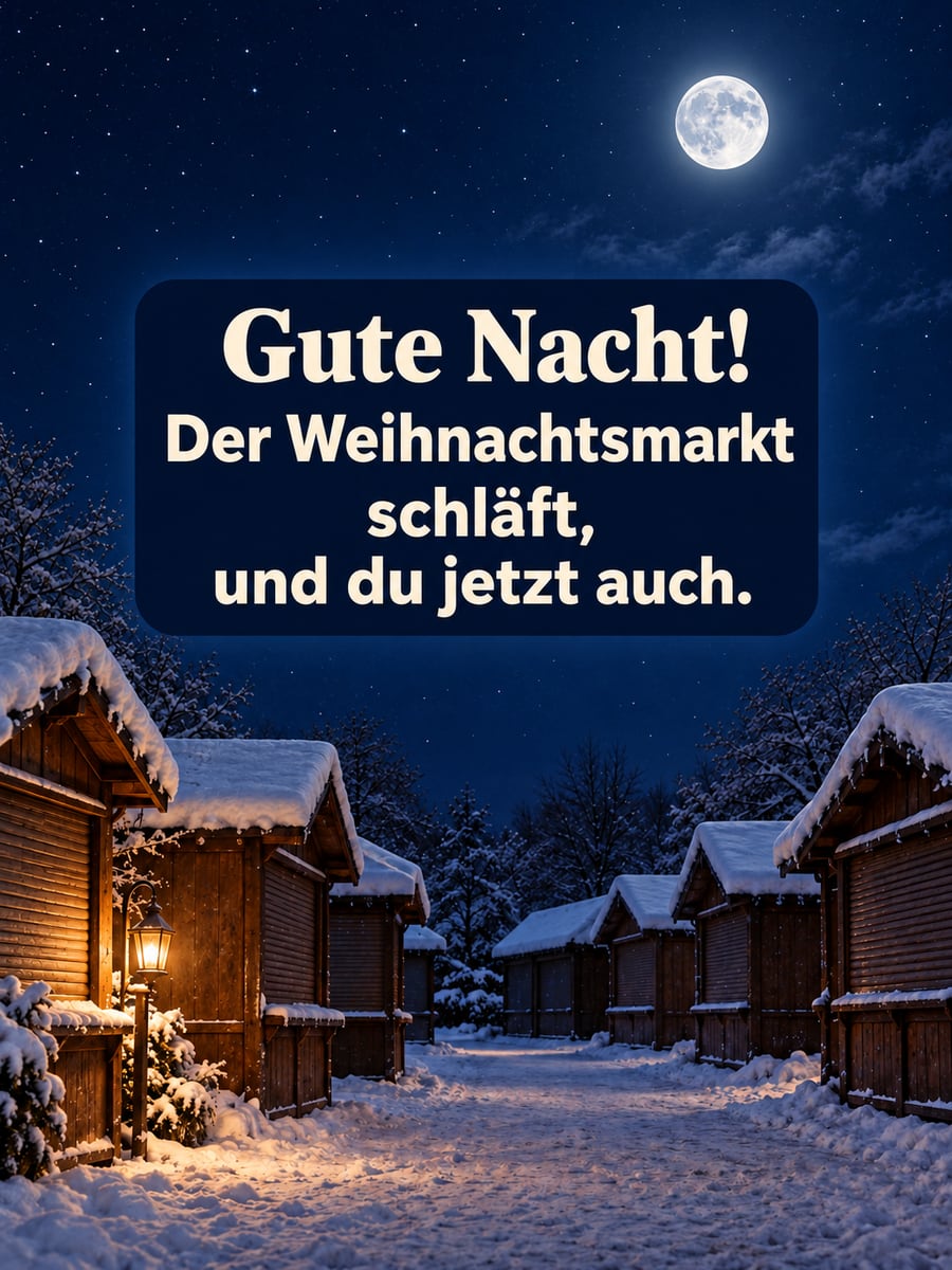Gute Nacht weihnachtlich: geschlossene Buden eines Weihnachtsmarkts im Schnee unter dem Mond, eine Laterne leuchtet