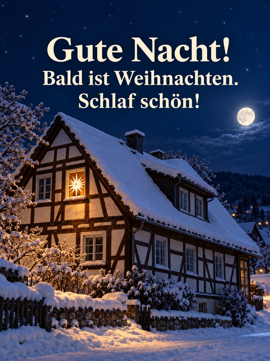 Gute Nacht weihnachtlich: verschneites Fachwerkhaus unter dem Mond, im Fenster leuchtet ein Herrnhuter Stern