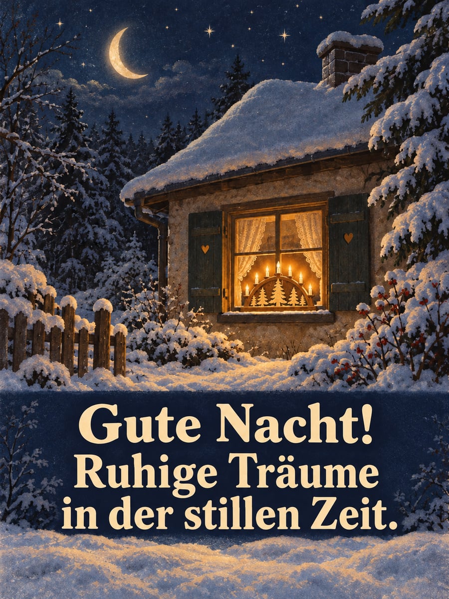 Gute Nacht weihnachtlich: verschneites Häuschen am Waldrand, im Fenster leuchtet ein Schwibbogen, darüber die Mondsichel