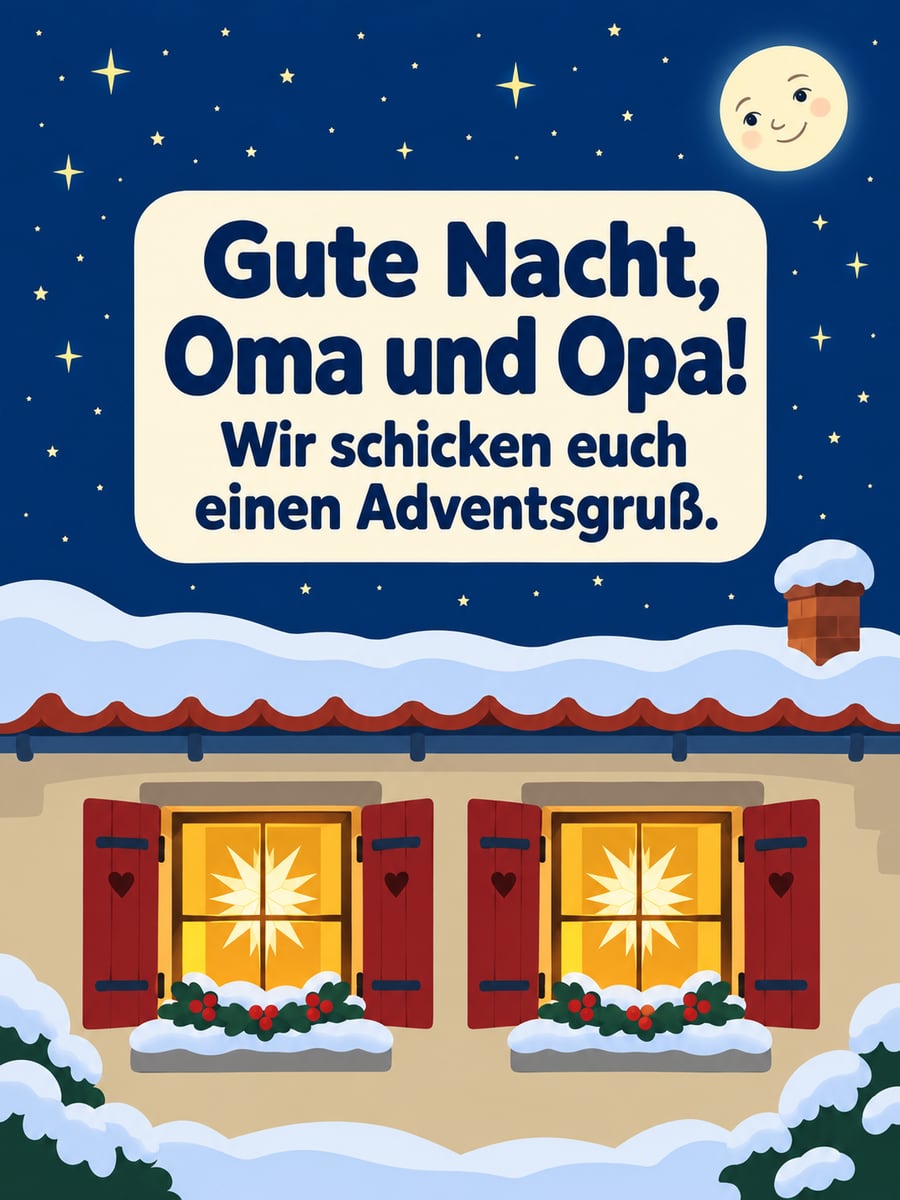 Gute Nacht weihnachtlich: zwei erleuchtete Fenster mit je einem Herrnhuter Stern in einer Schneenacht, darüber der Mond