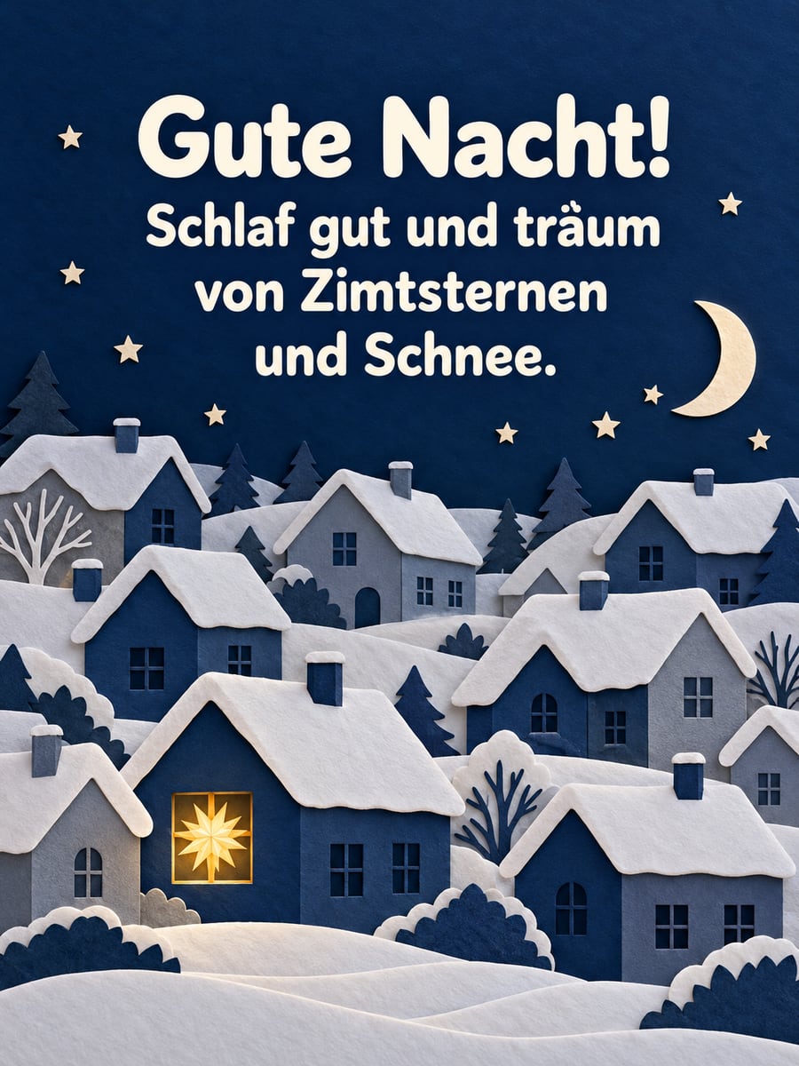 Gute Nacht weihnachtlich: verschneites Dorf aus Papier unter Mond und Sternen, in einem Fenster ein Herrnhuter Stern