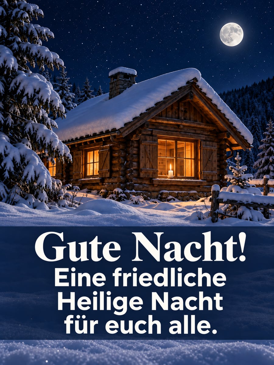 Gute Nacht weihnachtlich: verschneites Blockhaus in der Heiligen Nacht unter Sternen, im Fenster brennt eine Kerze