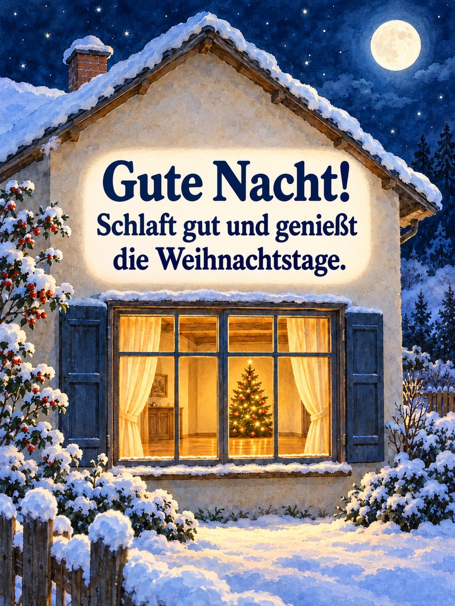 Gute Nacht weihnachtlich: Blick durch ein warm leuchtendes Fenster auf einen Weihnachtsbaum, darüber der Mond