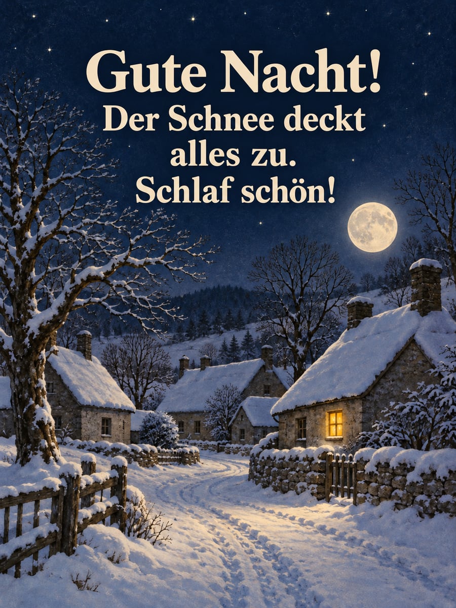 Gute Nacht winterlich: Vollmond über einem verschneiten Dorf mit einem hell erleuchteten Fenster