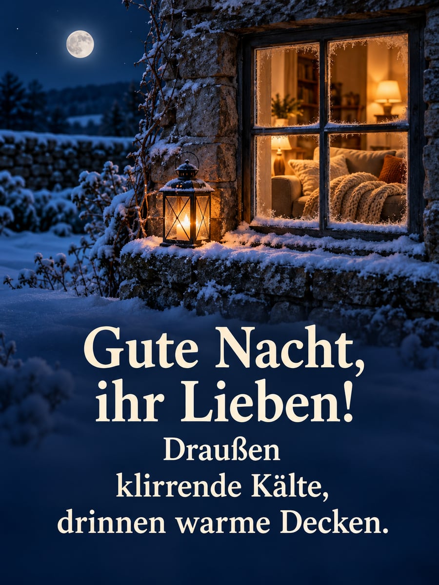 Gute Nacht winterlich: Laterne auf dem verschneiten Fenstersims, drinnen ein Sofa mit warmen Decken
