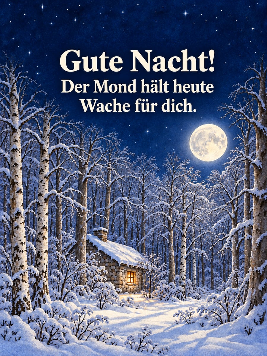 Gute Nacht winterlich: heller Mond über einem verschneiten Buchenwald, ein Försterhaus mit einem hellen Fenster