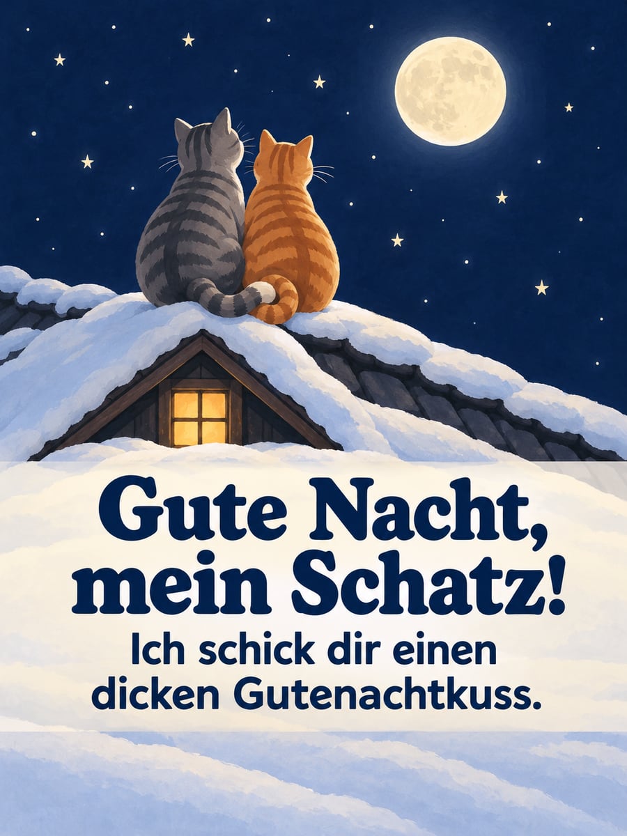 Gute Nacht winterlich: zwei Katzen kuscheln auf einem verschneiten Dachfirst und schauen zum Mond