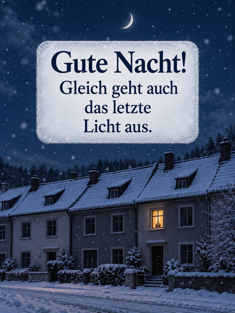 Gute Nacht winterlich: verschneite Reihenhäuser bei Nacht, nur ein Fenster oben ist noch hell