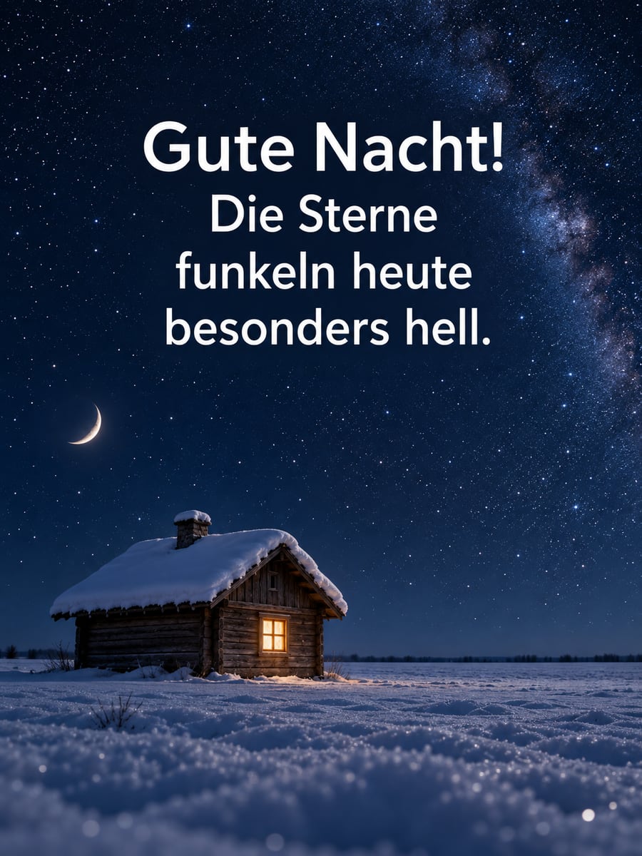Gute Nacht winterlich: klarer Sternenhimmel über einem Schneefeld, vorn eine Holzhütte mit warmem Licht