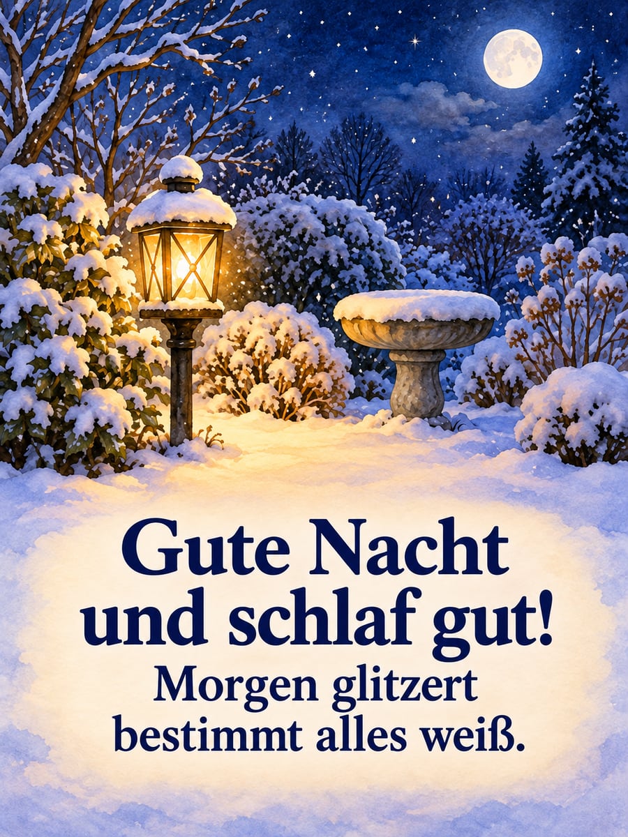 Gute Nacht winterlich: Gartenlampe wirft warmes Licht in den Schneefall, ringsum verschneite Sträucher