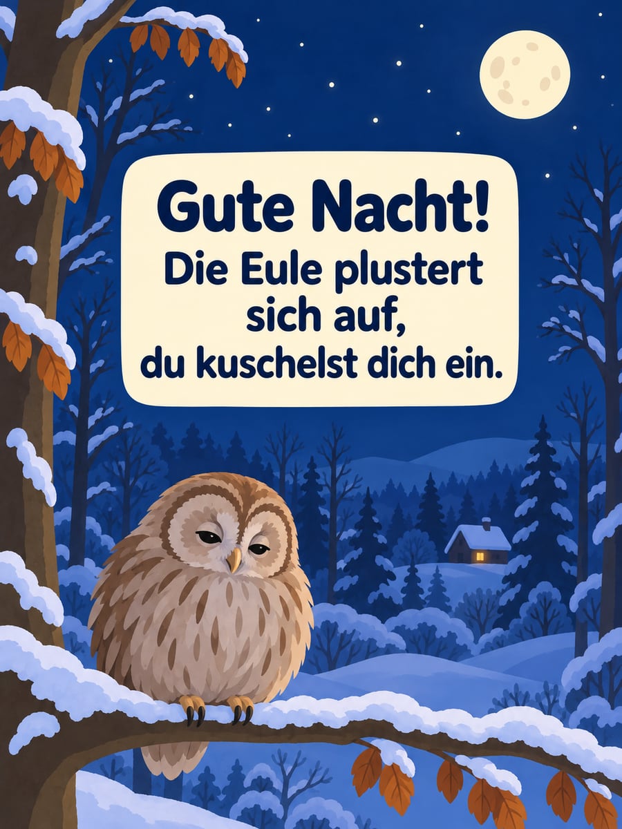 Gute Nacht winterlich: aufgeplusterter Waldkauz auf einem verschneiten Ast im Mondlicht