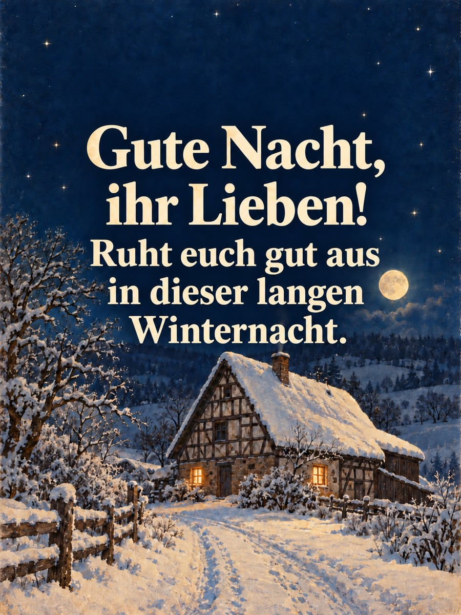 Gute Nacht winterlich: altes verschneites Fachwerkhaus am Ende eines Feldwegs, zwei warme Fenster und der Mond