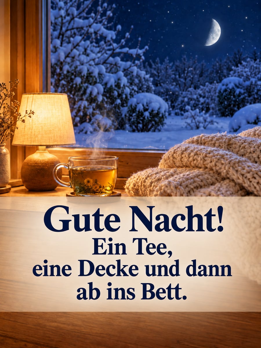 Gute Nacht winterlich: Tasse Tee und eine Wolldecke am Fenster, draußen Schnee und Mond