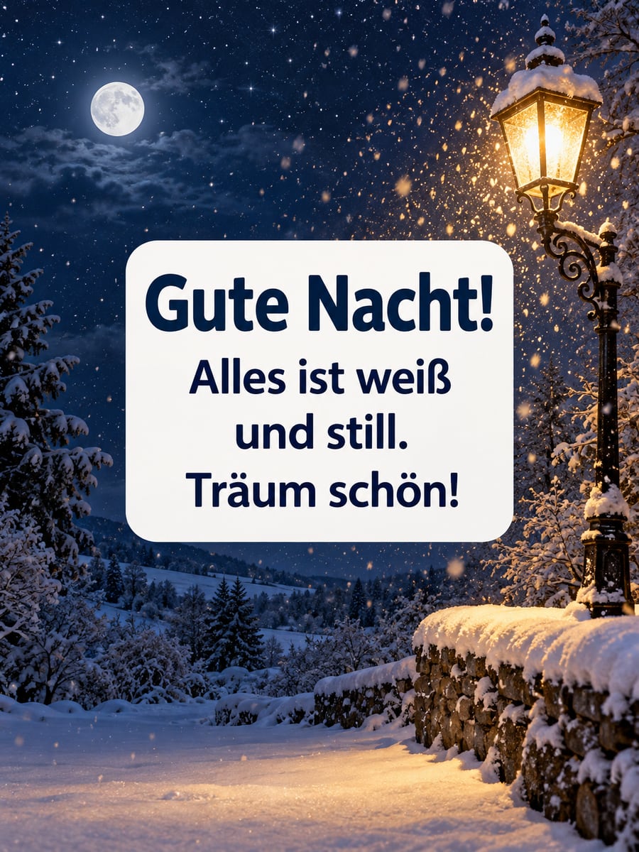 Gute Nacht winterlich: dichter Schneefall im warmen Licht einer alten Straßenlaterne