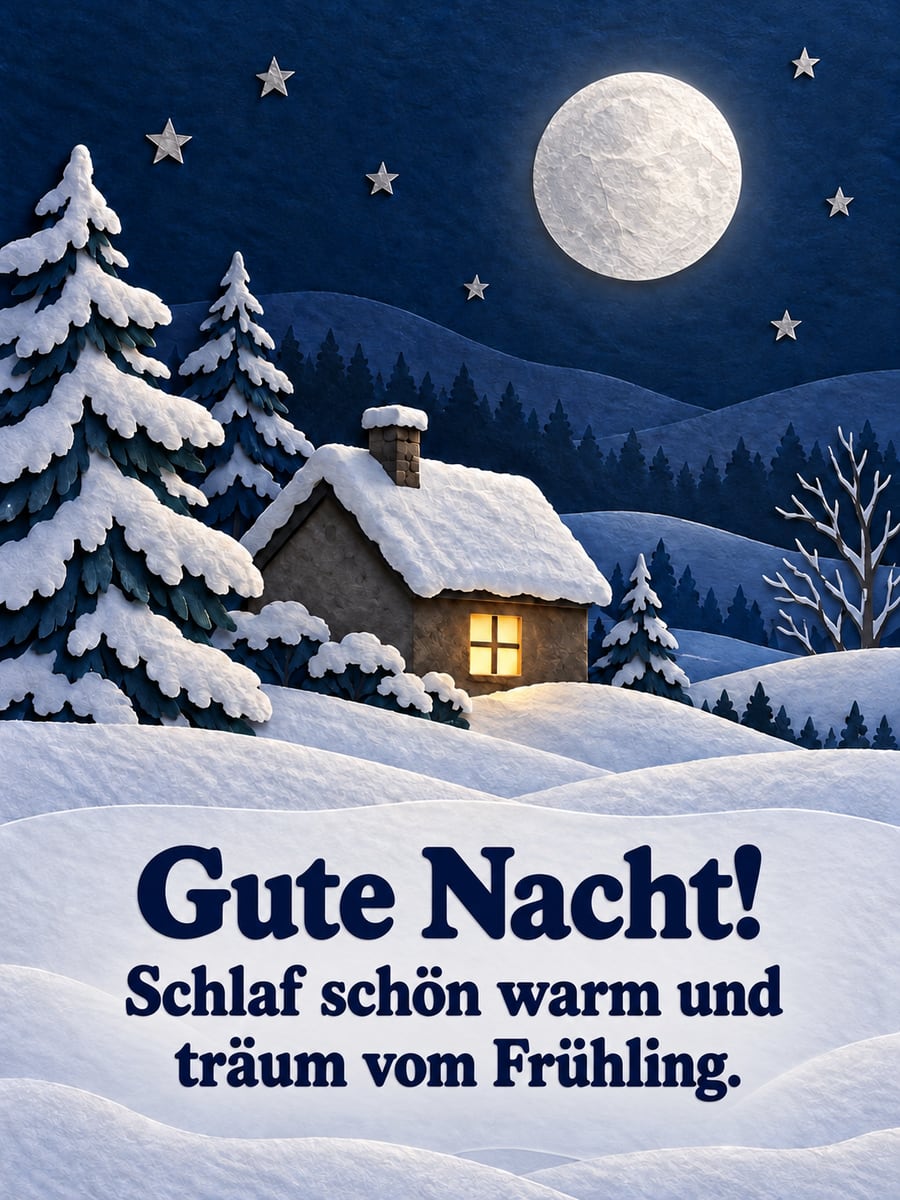 Gute Nacht winterlich: Häuschen aus Papier im Schnee mit Mond und kleinen Sternen am Nachthimmel