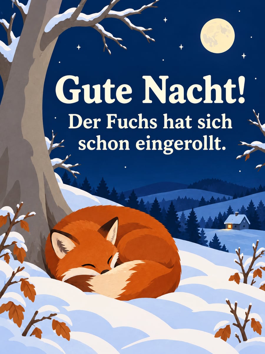 Gute Nacht winterlich: Rotfuchs schläft eingerollt im Schnee unter einer Buche, darüber der Mond