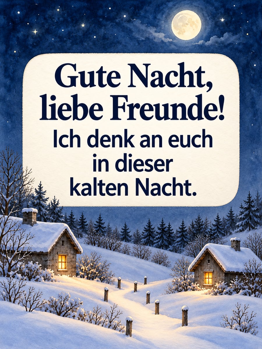 Gute Nacht winterlich: verschneiter Pfad zwischen zwei kleinen Häusern mit hellen Fenstern unter dem Mond