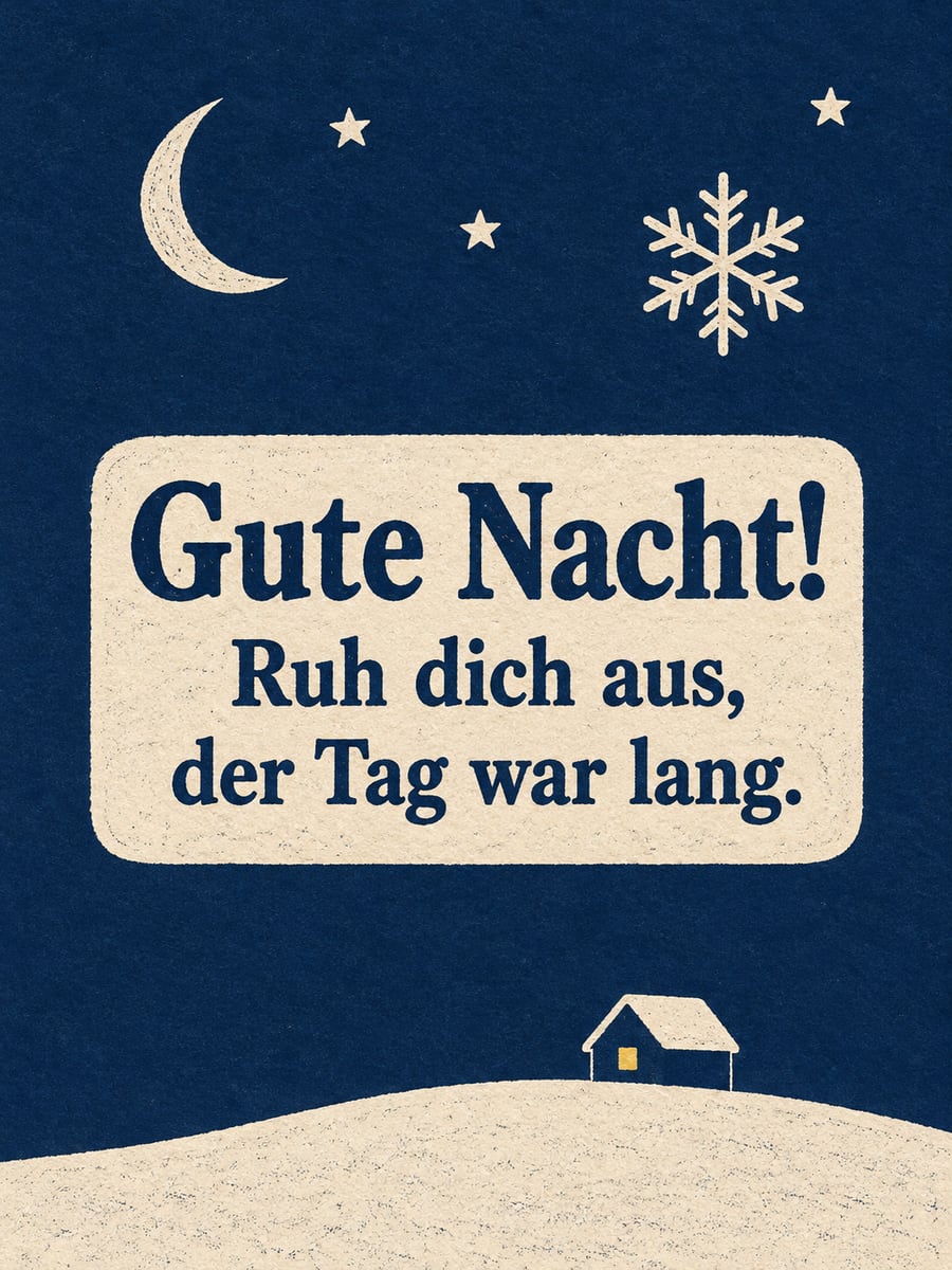 Gute Nacht winterlich: schlichter Linoldruck mit Mondsichel, drei Sternen, einer Schneeflocke und einem kleinen Haus