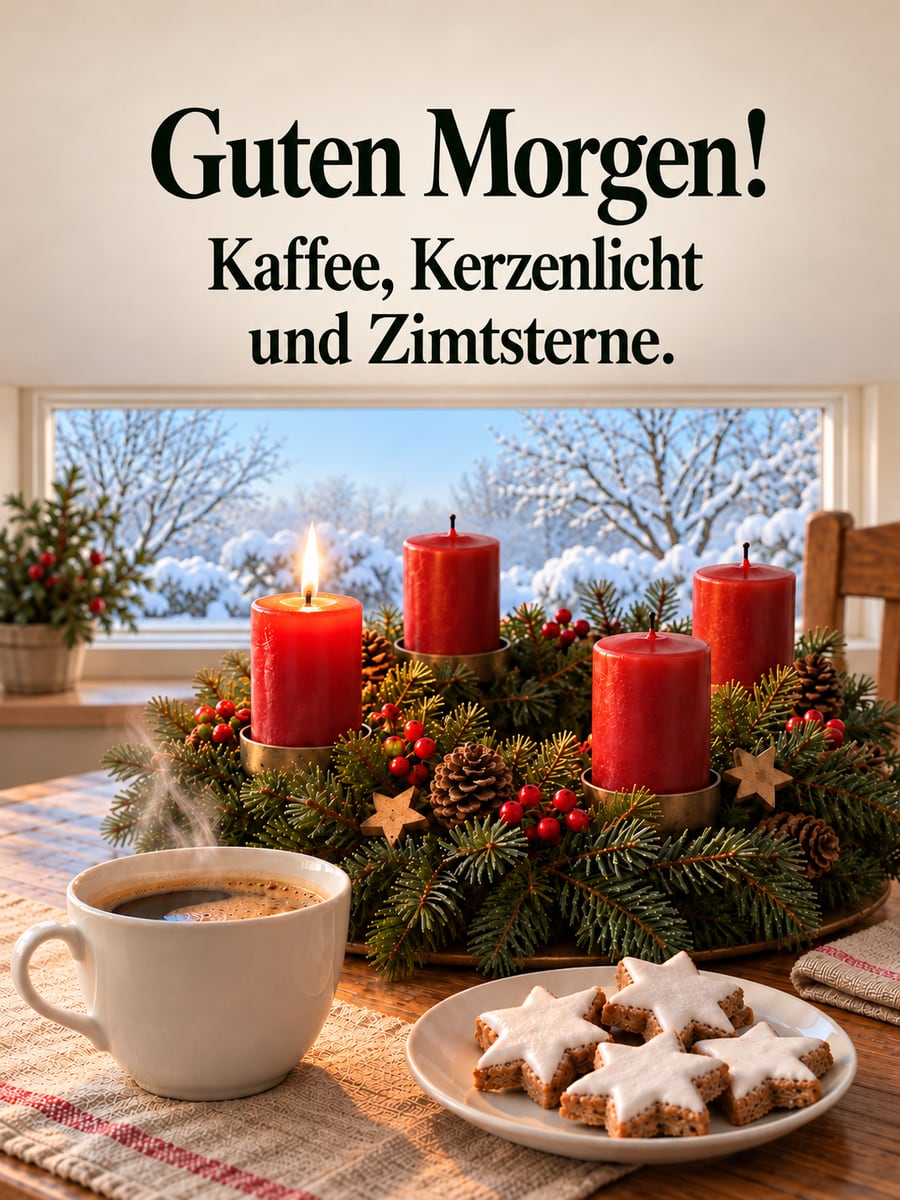 Guten Morgen im Dezember: Adventskranz mit einer brennenden Kerze, Kaffee und Zimtsterne auf dem Frühstückstisch
