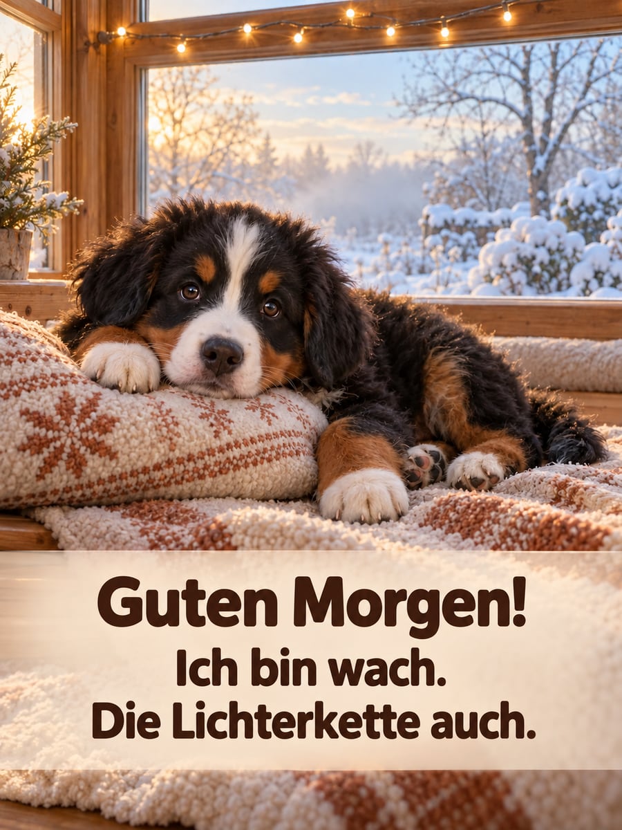 Guten Morgen weihnachtlich: Berner-Sennenhund-Welpe liegt wach am Fenster unter einer warmweißen Lichterkette