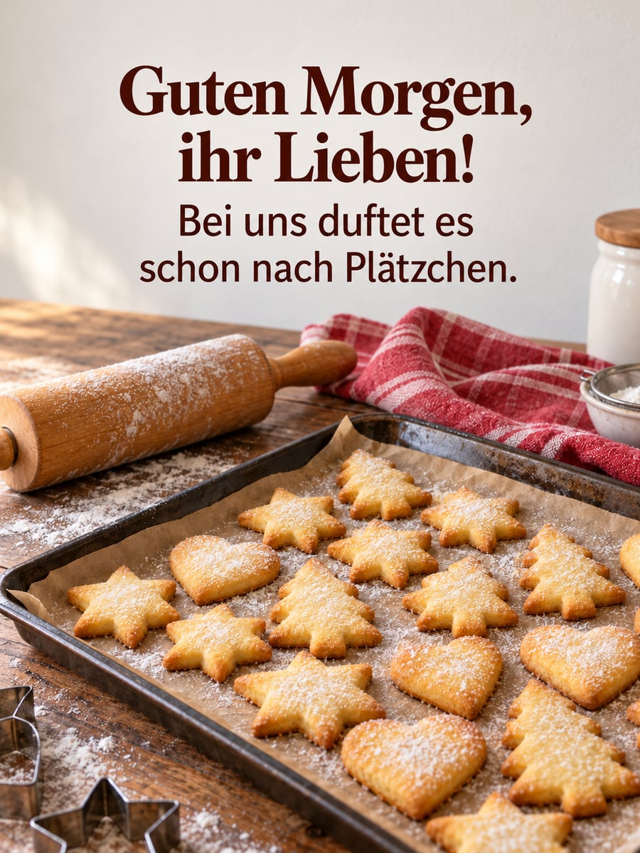 Guten Morgen weihnachtlich: Backblech mit frisch gebackenen Plätzchen und Nudelholz auf dem bemehlten Küchentisch