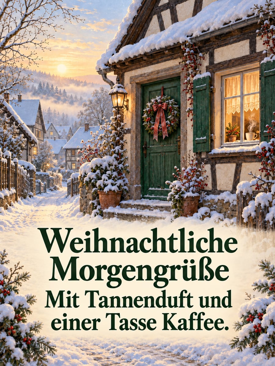 Guten Morgen weihnachtlich: verschneites Fachwerkhaus im Morgenlicht mit Tannenkranz an der grünen Haustür