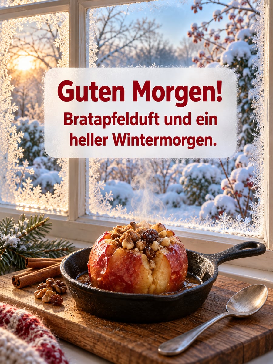 Guten Morgen weihnachtlich: dampfender Bratapfel in einer gusseisernen Pfanne am frostigen Fenster