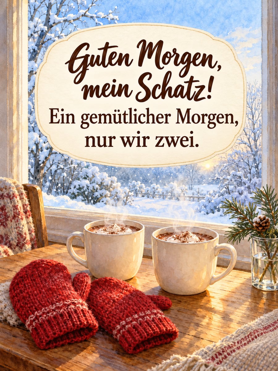 Guten Morgen weihnachtlich: zwei Tassen heißer Kakao und rote Strickhandschuhe am verschneiten Fenster