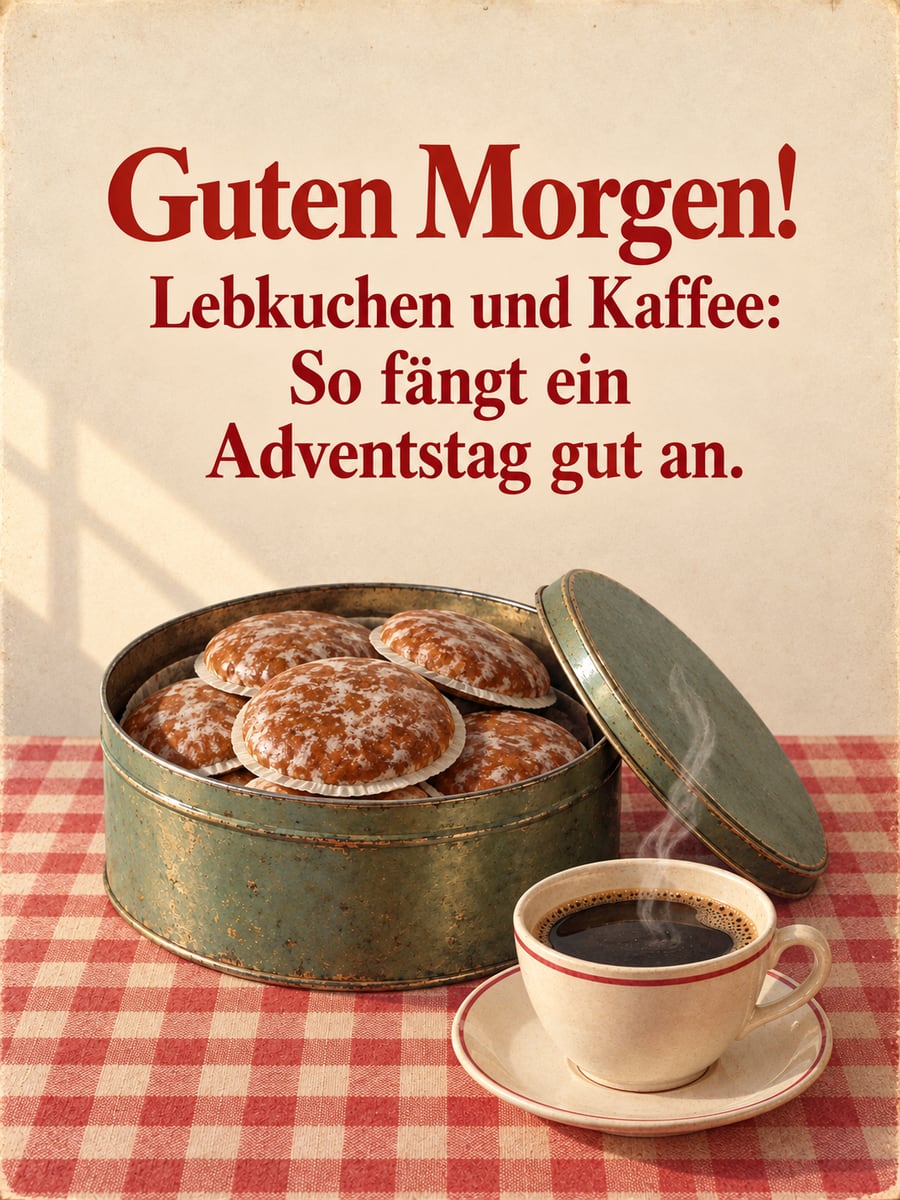 Guten Morgen weihnachtlich: offene alte Blechdose mit Lebkuchen neben einer Tasse Kaffee, nostalgisch gezeichnet