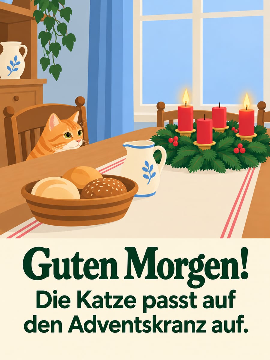 Guten Morgen weihnachtlich: rot getigerte Katze bewacht vom Stuhl aus den Adventskranz auf dem Frühstückstisch