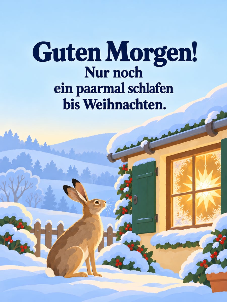 Guten Morgen weihnachtlich: Feldhase im Schnee schaut zu einem Fenster mit leuchtendem Herrnhuter Stern