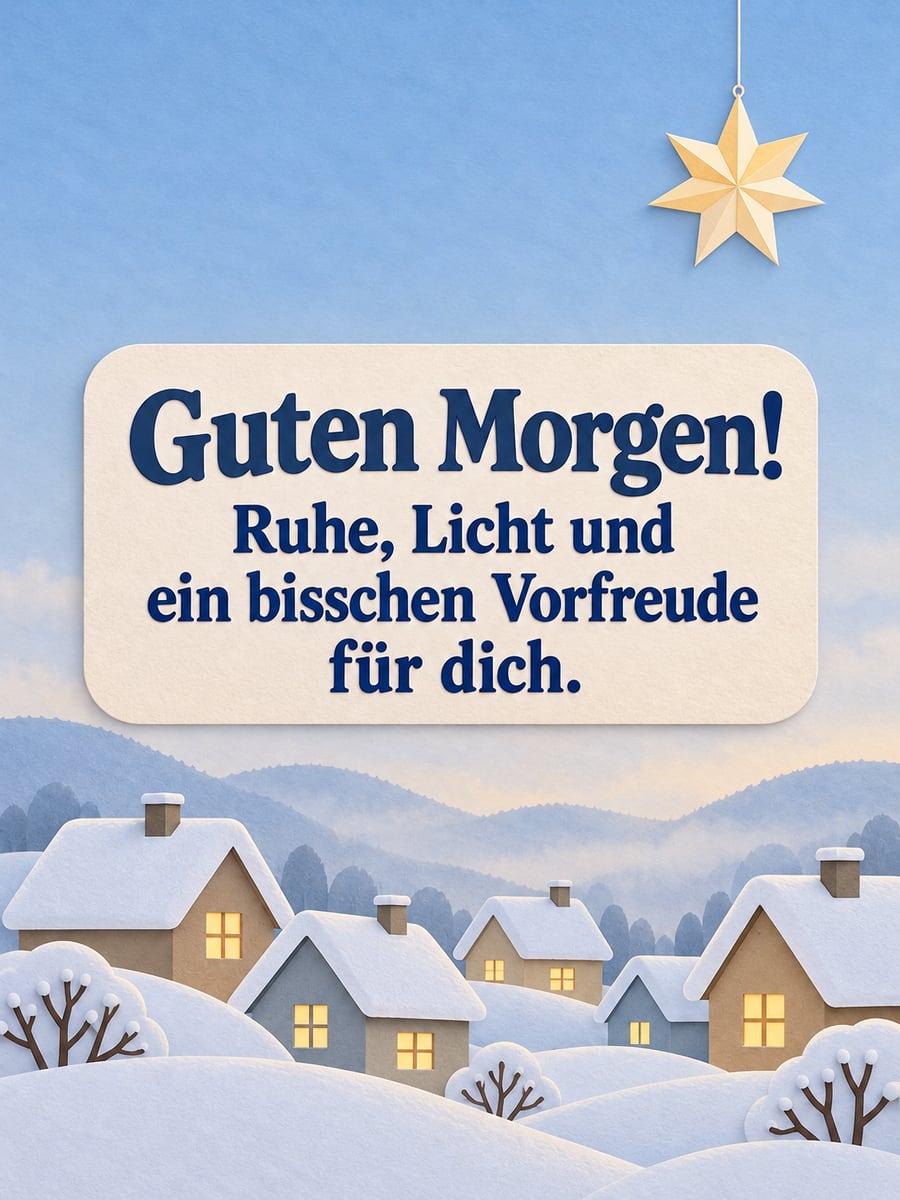 Guten Morgen weihnachtlich: verschneites Dorf aus Papier im Morgenlicht, darüber ein hängender Papierstern