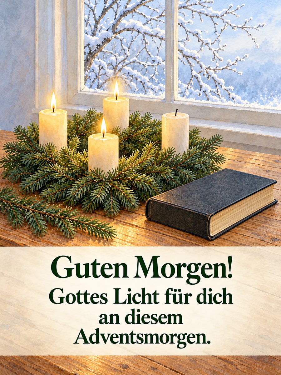 Guten Morgen weihnachtlich: Adventskranz mit drei brennenden Kerzen und eine geschlossene Bibel im Morgenlicht