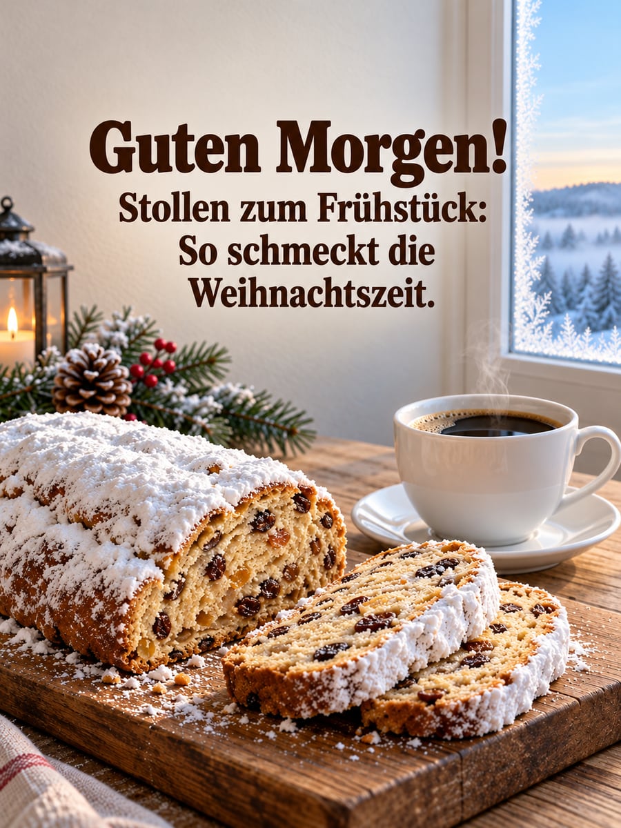 Guten Morgen im Dezember: angeschnittener Stollen mit Puderzucker und eine Tasse Kaffee