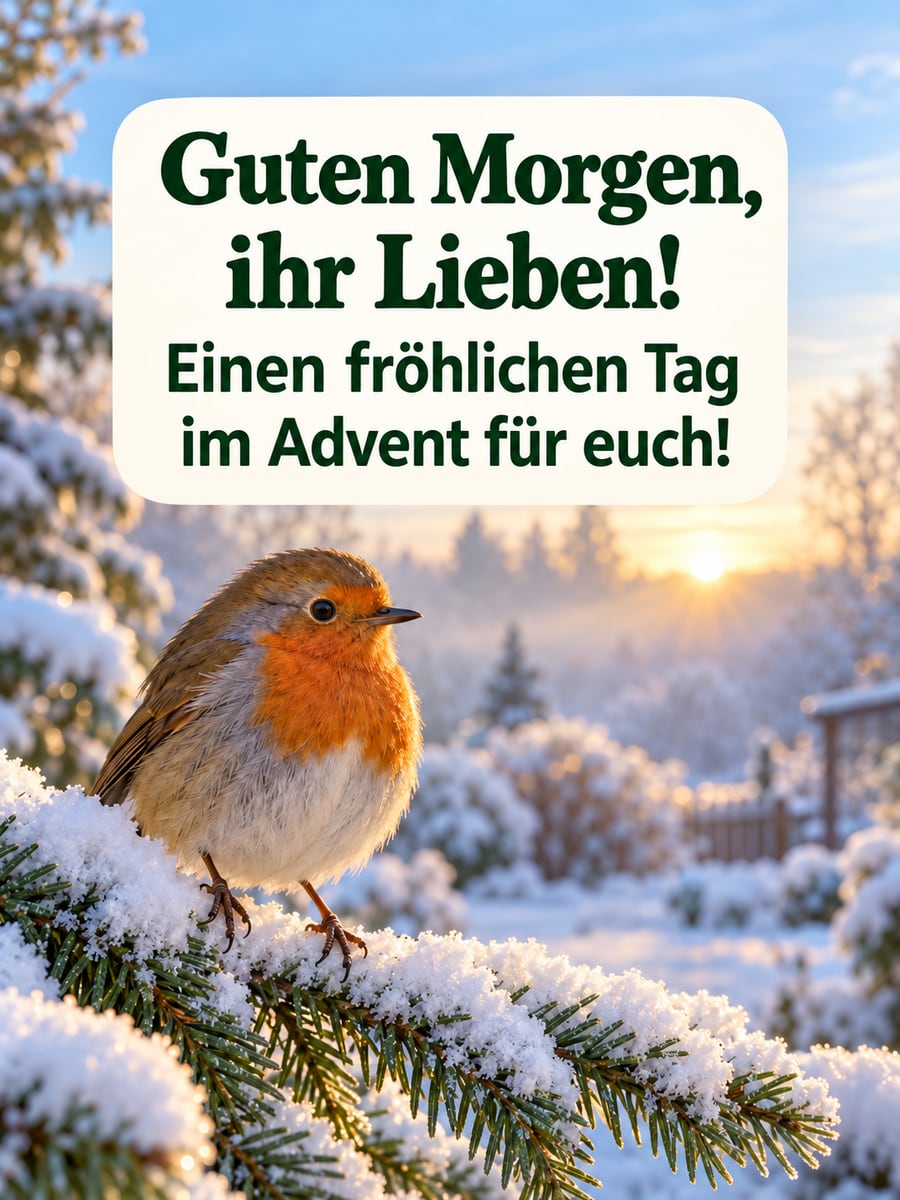 Guten Morgen weihnachtlich: Rotkehlchen auf einem verschneiten Tannenzweig im frühen Morgenlicht
