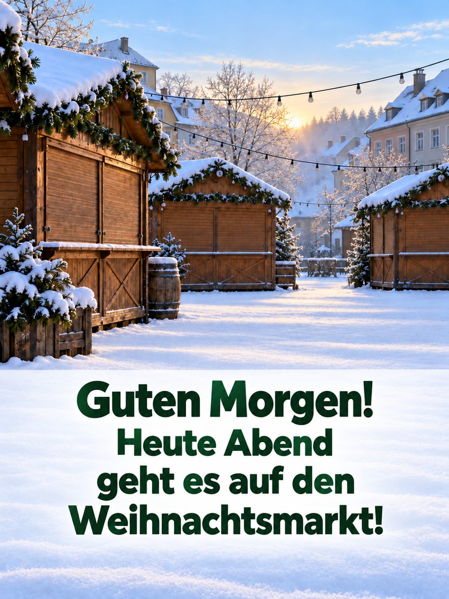 Guten Morgen weihnachtlich: geschlossene Holzbuden eines Weihnachtsmarkts im frischen Schnee am frühen Morgen