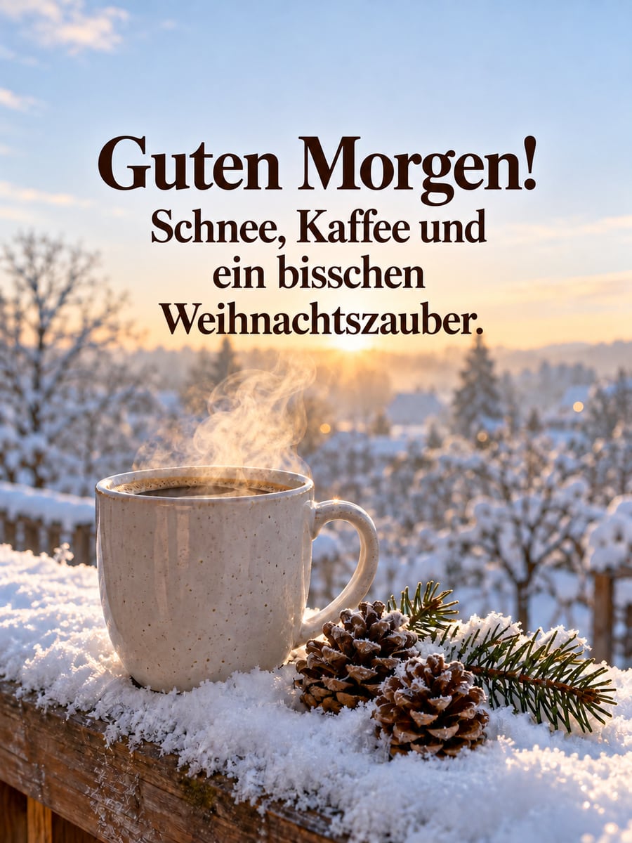 Guten Morgen weihnachtlich: dampfender Kaffeebecher im Schnee auf dem Balkongeländer neben Tannenzapfen