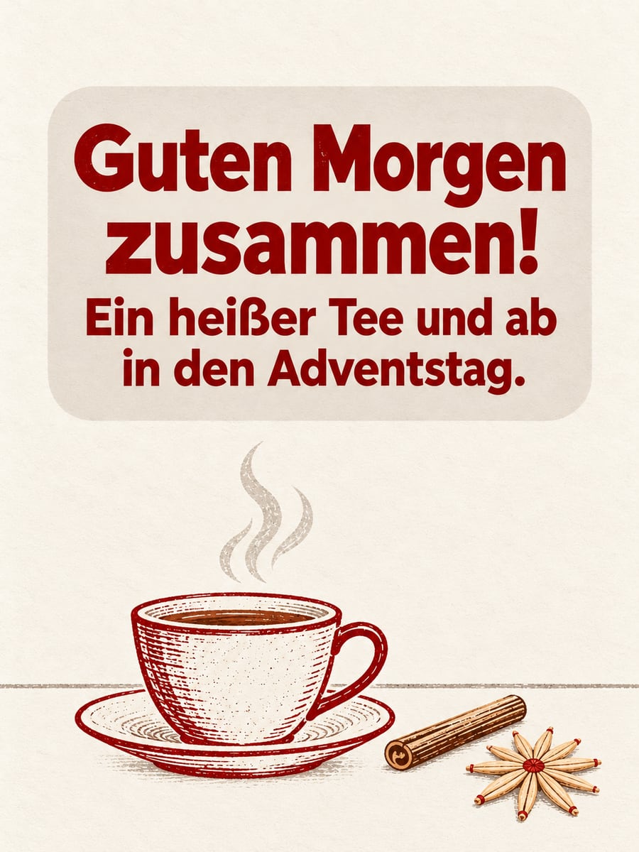 Guten Morgen weihnachtlich: Tasse Tee mit Zimtstange und kleinem Strohstern, schlicht als Linoldruck