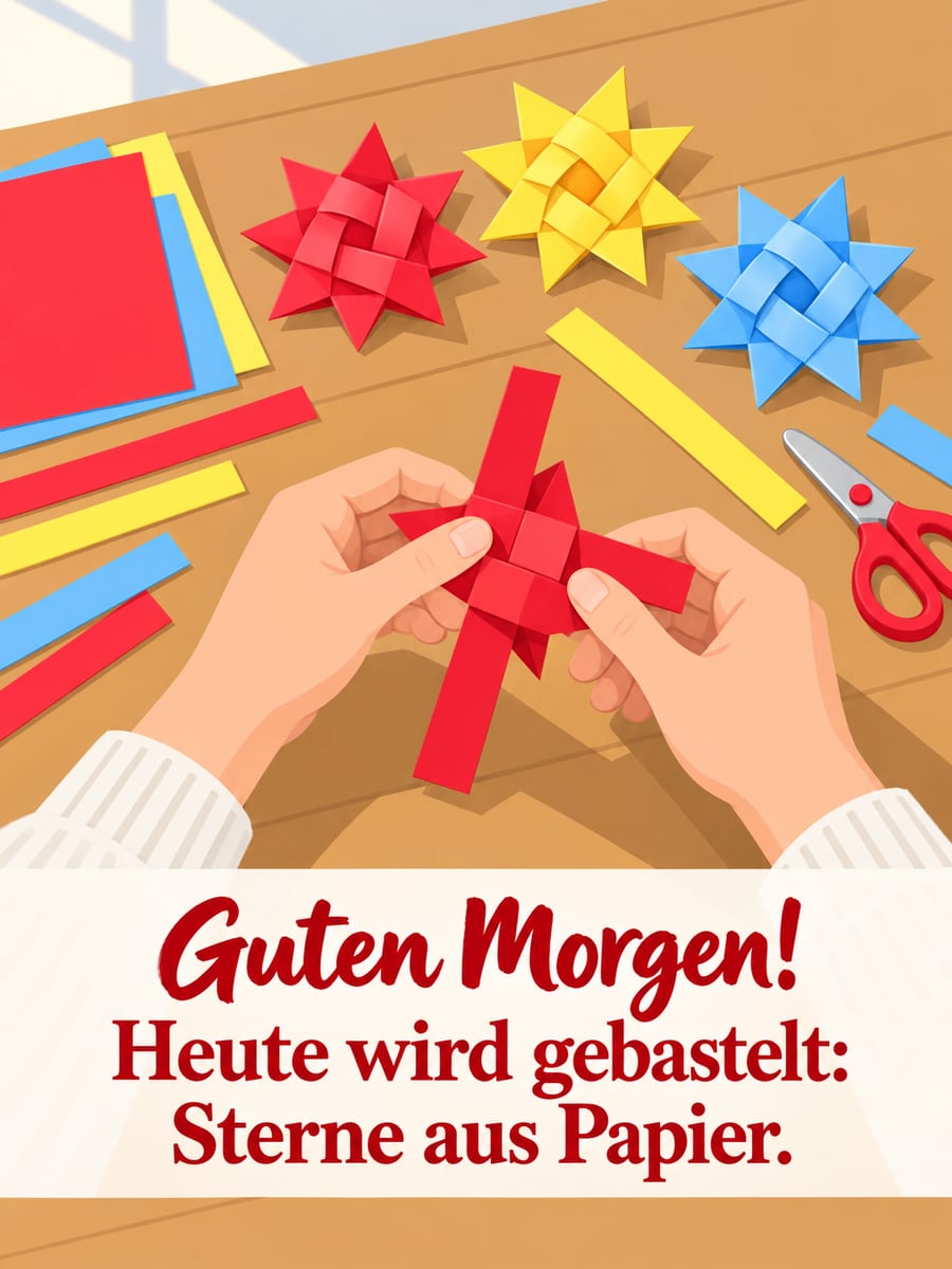 Guten Morgen weihnachtlich: Hände falten Papiersterne auf einem Tisch mit buntem Papier und Schere