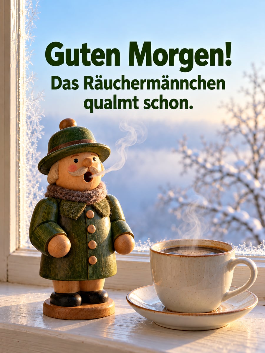 Guten Morgen weihnachtlich: Räuchermännchen auf dem Fensterbrett neben einer Tasse Kaffee