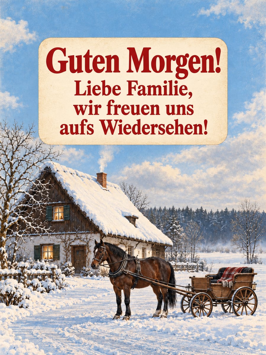 Guten Morgen weihnachtlich: verschneiter Bauernhof mit hellen Fenstern, davor ein braunes Pferd mit kleiner Kutsche