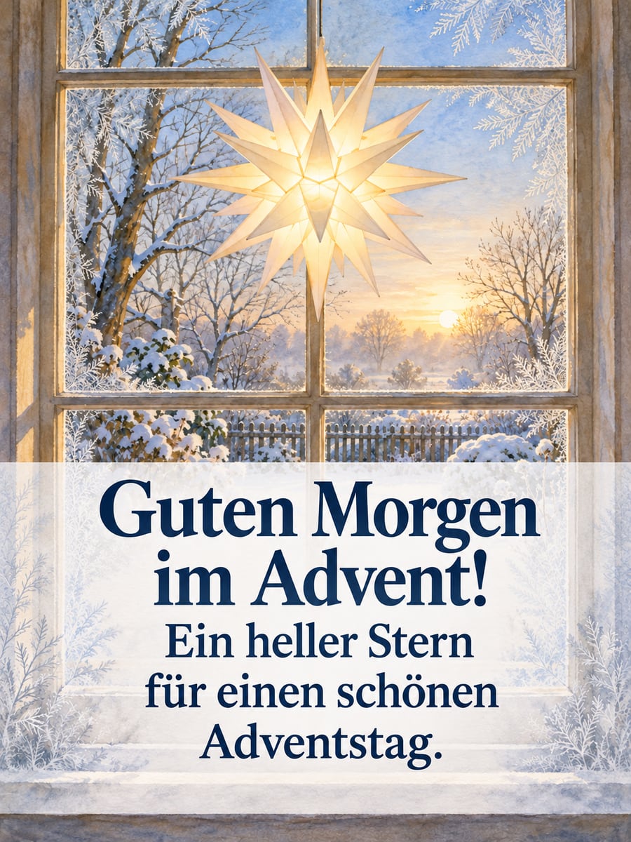 Guten Morgen weihnachtlich: leuchtender Herrnhuter Stern im Fenster mit Eisblumen, draußen ein verschneiter Garten